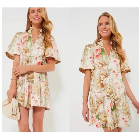 Tuckernuck Crawford Mini Dress Sun Faded Floral V neck Flutter Sleeve XL NEW - Picture 1 of 15